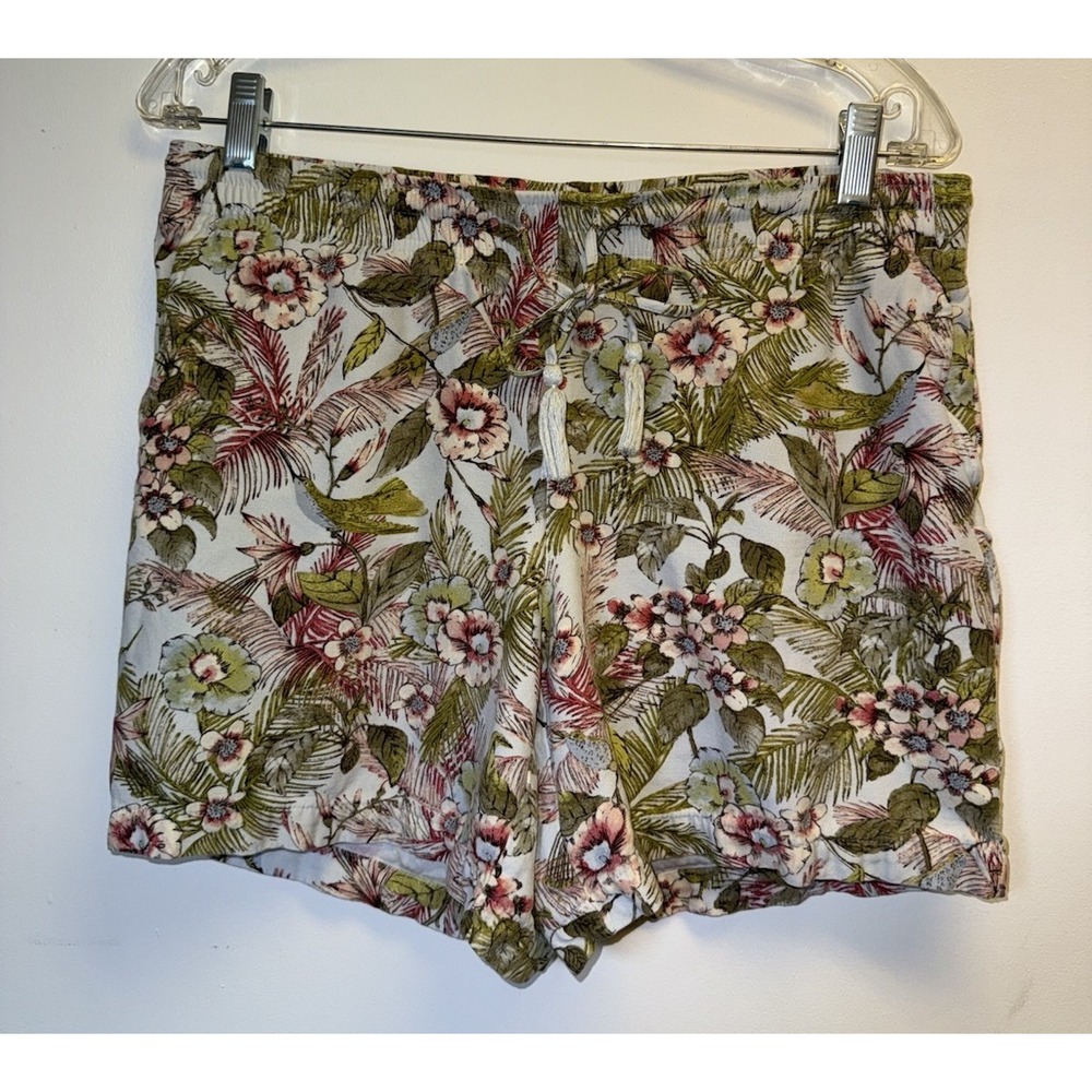 J Jill Short Pull On Drawstring Pocket Tropical Flowers Birds Medium 100% Rayon